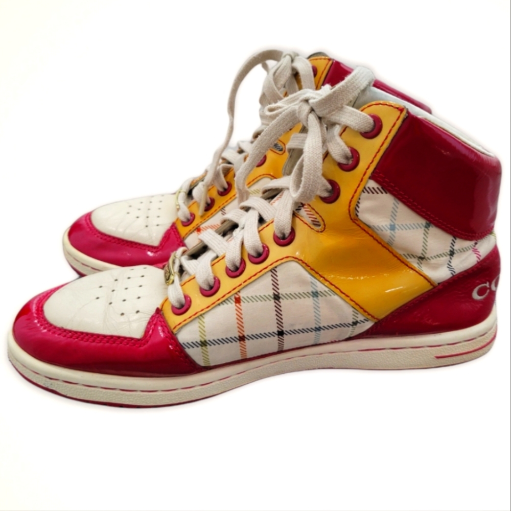 COACH Women’s High-Top Fashion Sneakers in Pink, Yellow & White